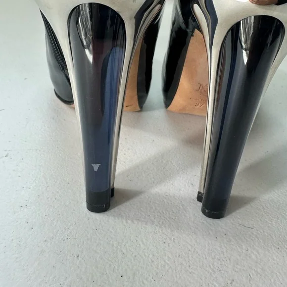 Alexander Mcqueen Boot Stretch Leather Black Patent Midcalf Booties Boots 37 - Picture 10 of 11